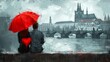 A couple in love sitting on a bench under a red umbrella overlooking the Vltava river. Prague cityscape oil painting. Love and travel concept. For Valentine's day. Romantic illustration for wallpaper