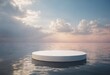 Luxury white stone podium on water surface for product placement display. Sky with clouds in background. Minimalistic neutral aesthetic mockup template for beauty and cosmetics scene. Ai generation