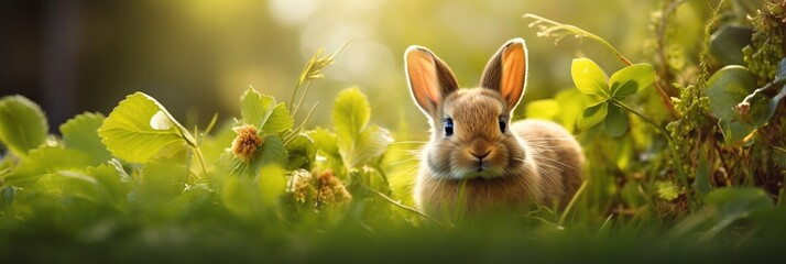 Cute Easter bunny is sitting in the grass with colored eggs. Photo