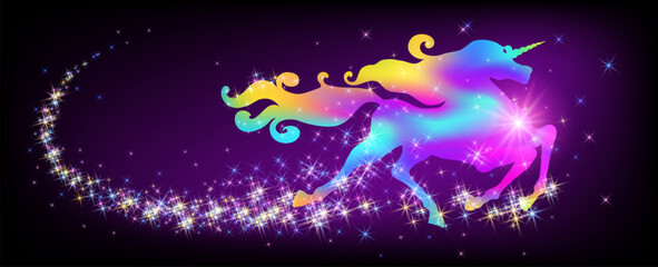 Wall Mural - Galloping iridescent unicorn with luxurious winding mane against the background of the fantasy universe with sparkling stars.