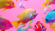 A vibrant school of tropical fish, each displaying unique colors, set against a solid coral pink background.