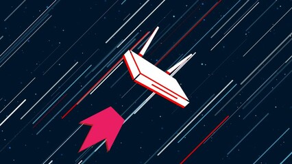 Poster - router symbol flies through the universe on a jet propulsion. the symbol in the center is shaking du