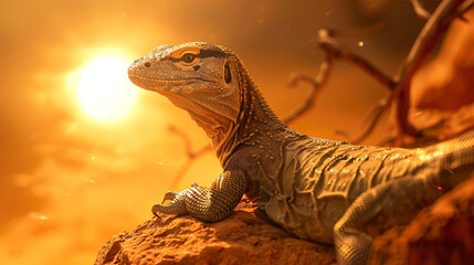 Wall Mural - A wise-looking desert monitor lizard basking in the warmth of the morning sun.