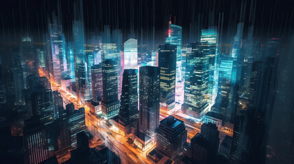 Wall Mural - High angle view of city at night with skyscrapers and large buildings