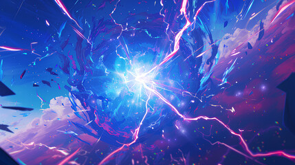 Fototapete - big bright blue neon lightning strike