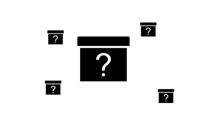 Poster - Zoom in and out animation the gift box with a question symbol. Large black symbol in the center and four small symbols around. Seamless looped 4k animation on white background