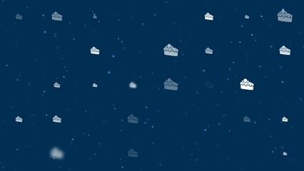 Poster - Template animation of evenly spaced piece of cake symbols of different sizes and opacity. Animation of transparency and size. Seamless looped 4k animation on dark blue background with stars