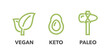 Diet types bold flat icons - Keto, Paleo, Vegan.