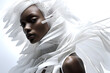 © Sandra Chia - Fashion Surreal Concept. Closeup portrait of black woman in avant garde ethereal futuristic swirl edgy headgear outfit. illuminated dynamic composition. sensual, advertisement, magazine. copy space