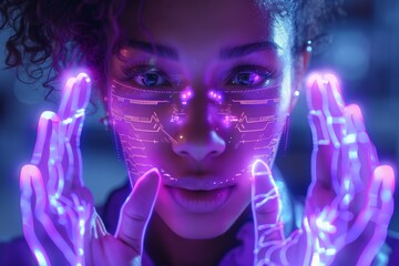 Poster - Futuristic woman engaging with neon interactive tech interface