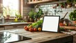 A tablet stands on a wooden kitchen counter, surrounded by an abundance of fresh vegetables, in a sunlit cozy kitchen setting.
