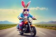 Rabbit riding a motorcycle on the road. The concept of the Easter holiday.