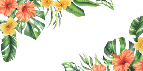 Tropical palm leaves, monstera and flowers of plumeria, hibiscus, bright juicy. Hand drawn watercolor botanical illustration. Template, frame isolated from the background.