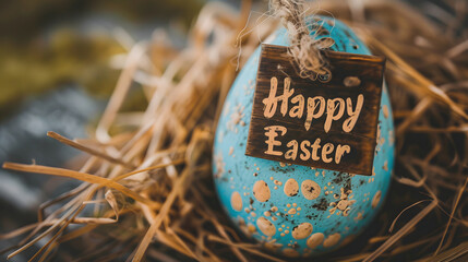 Wall Mural - Happy Easter greeting card. Colorful painted easter egg in nest. Vintage style toned picture