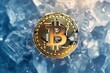A bitcoin is frozen in ice in cold winter. Depression of crypto market concept.