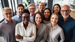 © DigitalDreamscape - Diverse group of employees project team standing together in modern business building - group selfi portrait of cheerful and joyful young and senior employees colleagues