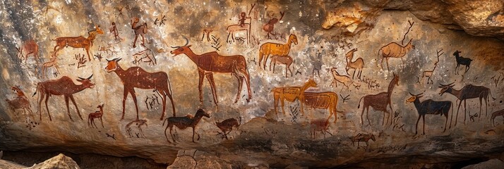 Prehistoric rock painting on ancient cave wall by caveman.