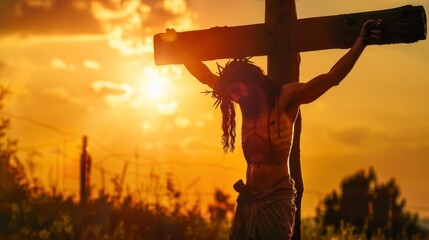 Wall Mural - Religious Good Friday / crucifixion easter cocept, religion christian background banner greeting card - Silhouette portrait of Jesus Christ with crown of thorns, crucified hanged on a crucifix cross