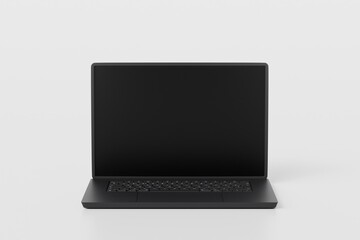 Poster - 3d Realistic laptop computer notebook device with blank white screen display on isolated white background. 3d Black laptop computer notebook. minimal creative design icon. 3d rendering. illustration.