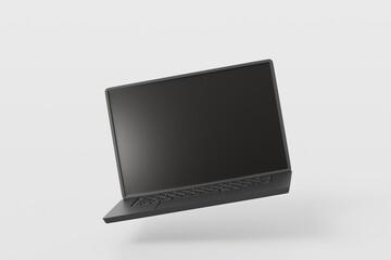 Poster - 3d Realistic laptop computer notebook device with blank white screen display on isolated white background. 3d Black laptop computer notebook. minimal creative design icon. 3d rendering. illustration.