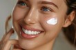 © tiena - Close up small smear of white cosmetic cream on the face of a smiling beautiful woman. Skin care. AI generative