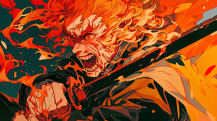 Wall Mural - angry flame haired anime man screaming while holding katana