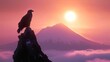 Bald eagle rest at snow mountain top at sunrise.