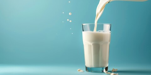 Pouring organic milk in glass on blue background