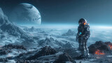 Fototapeta Do pokoju - An astronaut stands on a rugged alien landscape, gazing at a large planet rising in the dark sky that looms above sharp, rocky terrain and glowing lava streams.