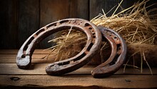 Two Old Rusty Horseshoes With Straw On Vintage Wooden Board