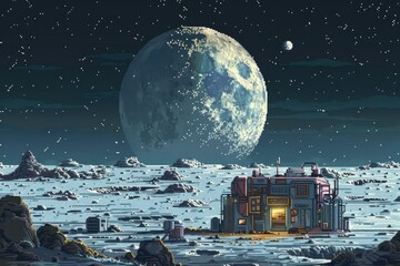 Wall Mural - A futuristic house built on the moon, in pixel art style 