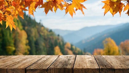 Wall Mural - empty wooden table and orange autumn leaves over blurred nature background fall background with empty space for product display