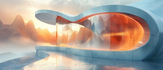 Poster - Abstract futuristic glass architecture with an empty concrete floor. 3D rendering.