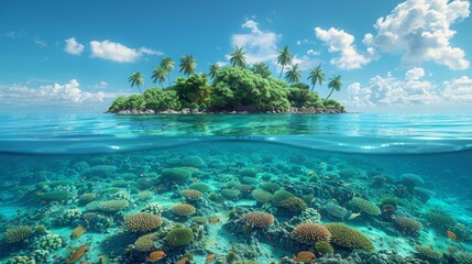 Wall Mural - A split view of a tropical island and coral reef with water lines