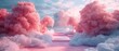 Featuring a 3D rendered Cotton Candy Dreamscape Desktop with a Dreamlike Skyline, Framed Metal Arch and Soft Blush Illumination Cotton Trees Set Against a Cloudy Sky Backdrop