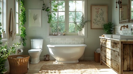 Sticker - Decorative drawers, toilet bowl, and laundry basket in a light bathroom