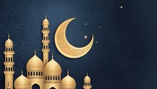 Dark Blue Background With Golden Stylizing Crescent Moon And Mosque. Web Banner With Copy Space. Greeting Card Concept Of Ramadan Kareem Mubarak And Eid Al Fitr. Ai Generation