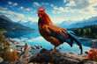 Portrait of a rooster on a branch in the mountains, a bright sunny day, wildlife with a lake and forest, rural surroundings against the background of spring nature