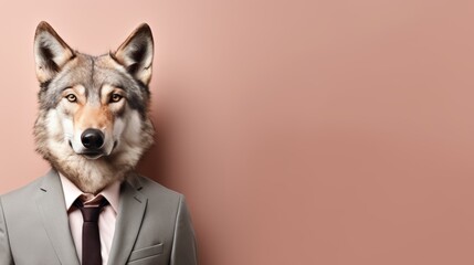Poster - Anthropomorphic wolf in business suit at corporate workplace studio with copy space