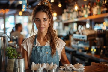 Friendly barista in casual work attire greets customers with a warm smile