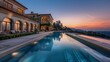 A lavish villa featuring a swimming pool against the backdrop of dusk --ar 16:9 Job ID: e94ab55a-0026-41ed-aac1-b5fedff40b2b