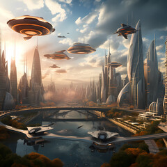 Poster - a futuristic city skyline with flying cars.