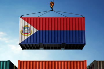 Wall Mural - Sint Maarten trade cargo container hanging against clouds background