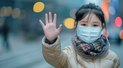 A young girl wearing a scarf and a mask is waving to someone. The scene is set in a city with a lot of traffic and people. The girl's gesture is a sign of greeting