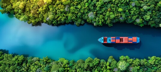 Wall Mural - Aerial view of container cargo ship in canal with ample copy space for text placement