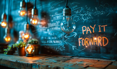 Chalkboard concept with lightbulbs and highlighted PAY IT FORWARD message, representing the idea of passing on a good deed and inspiration