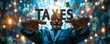 Businessman in a suit pointing at the word TAXES with flying money background, symbolizing the importance and impact of taxation in finance