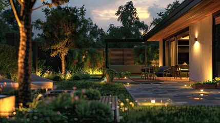 modern LED lamps for illuminating garden furniture and the surrounding area. To create a warm and cozy atmosphere, highlighting the furniture design elements.