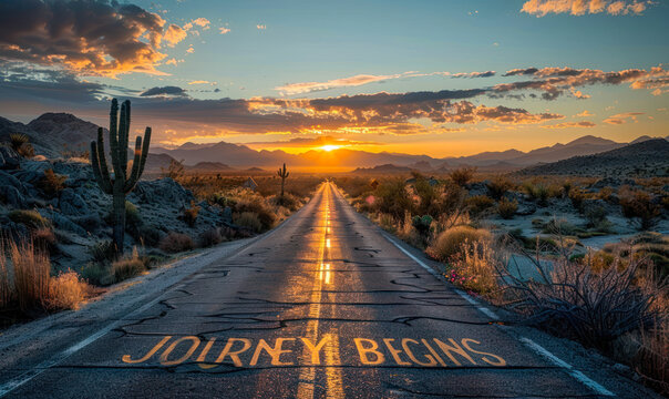 the open road through a desert at sunset with journey begins written across the path, symbolizing ne