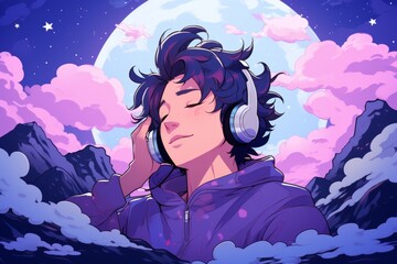 Teenager enjoying music in bed anime style illustration of youth with headphones relaxing at home